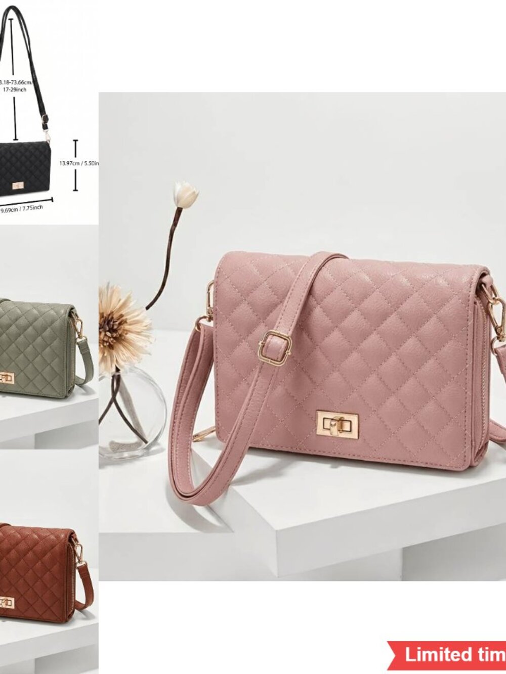 Solid Color Grid Crossbody Bag with Adjustable Shoulder Strap